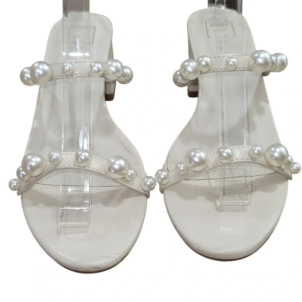 Shu Shop Pearl Block Heel Embellished Sandals 7.5 Faux Pearl Strappy Dressy Chic